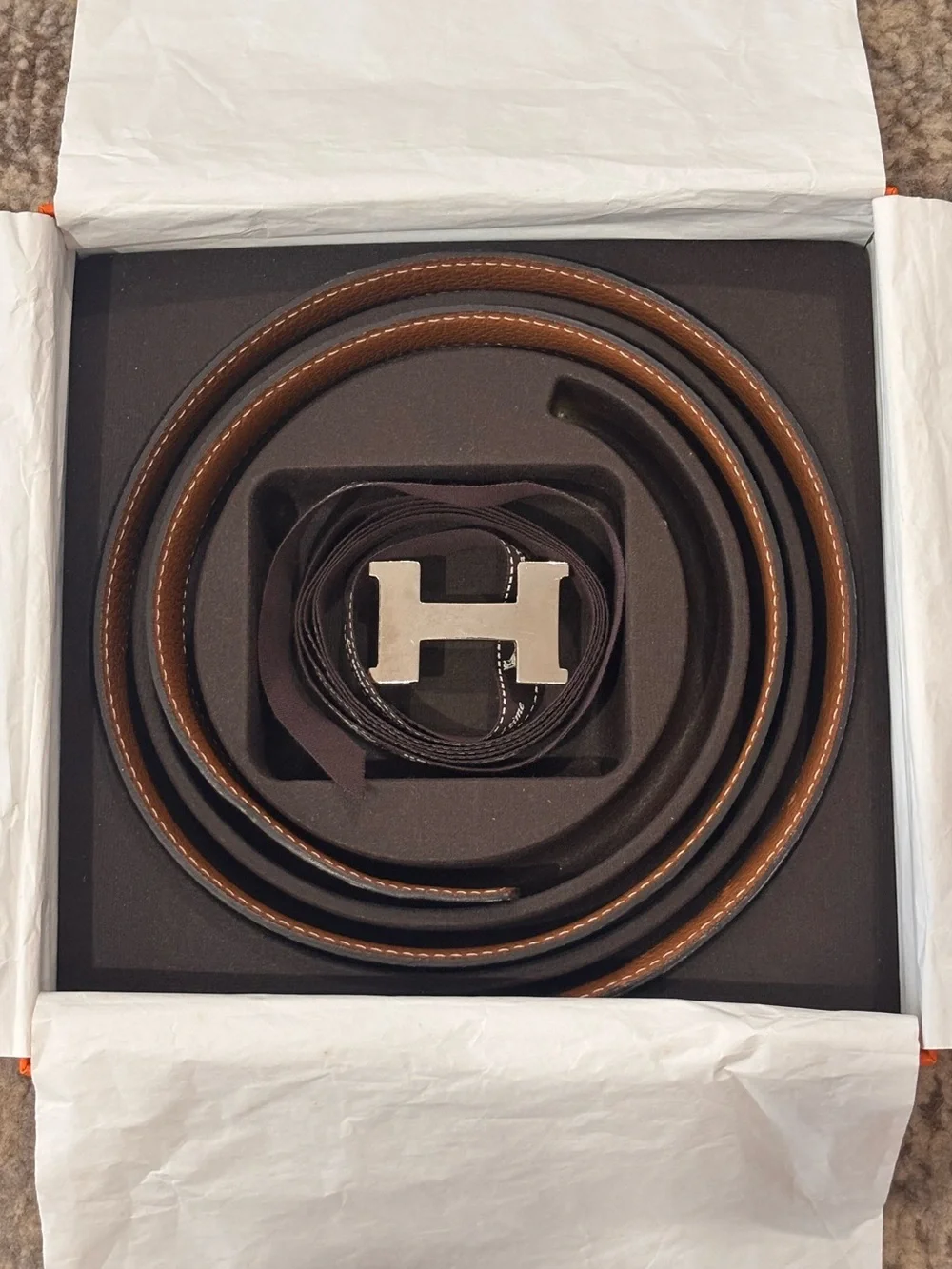 Authentic HERMES H Constance black brown silver buckle leather belt 95cm